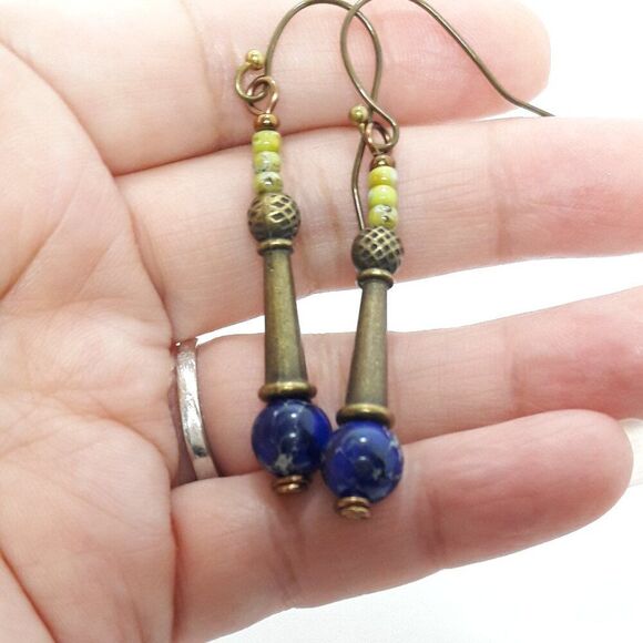 Boho Earrings 408# Bishop Bronze Antique.BronzeHooks Bohemian Blue ArtisanMadeC - Picture 2 of 3